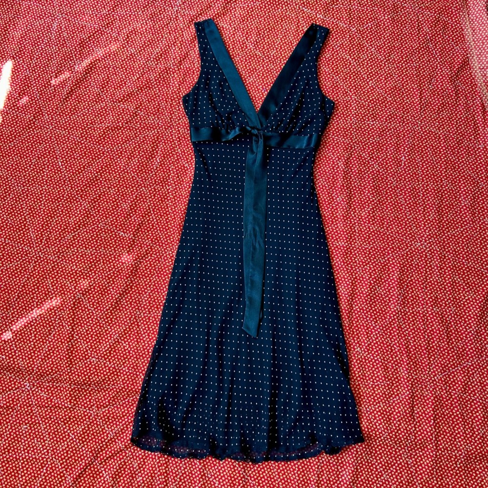 Vintage 2000s forever 21 Black Polka Dot Sleeveless Midi Dress Satin Trim Medium